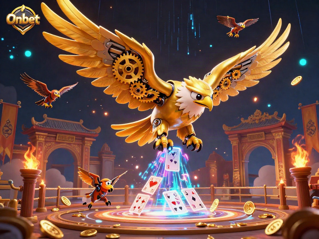 Experience exhilarating gameplay at Onbet with a cybernetic golden eagle battling through holographic cards.