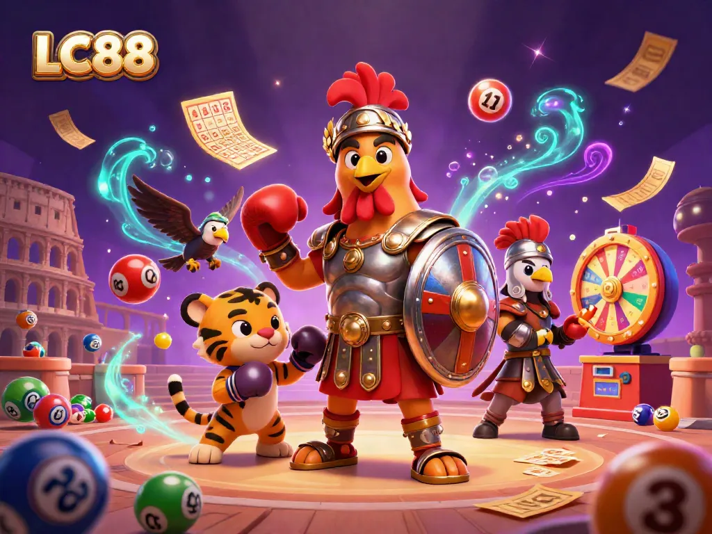 LC88 showcases a vibrant scene of a gladiator rooster and a tiger cub in a dynamic casino arena, surrounded by colorful lottery elements.