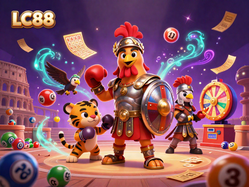 LC88 showcases a vibrant scene of a gladiator rooster and a tiger cub in a dynamic casino arena, surrounded by colorful lottery elements.