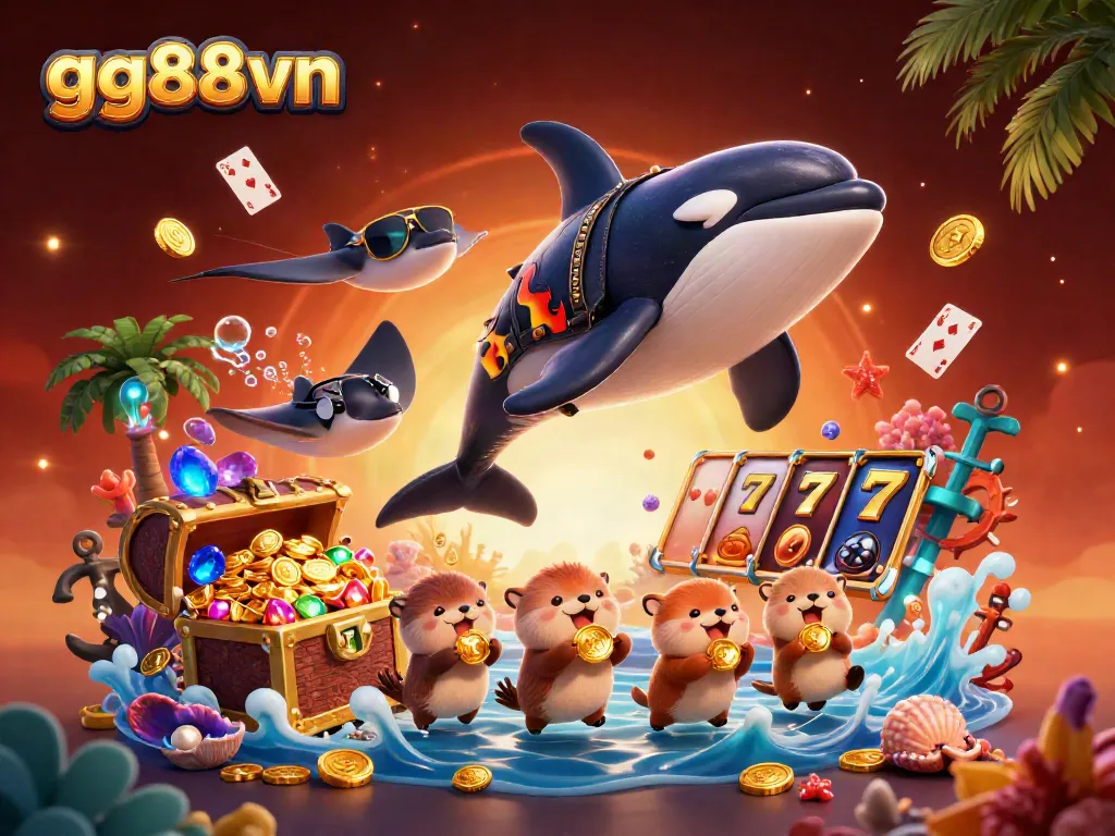 Engage with gg88vn's vibrant undersea casino adventure showcasing a dynamic trio of characters attracted to slots.
