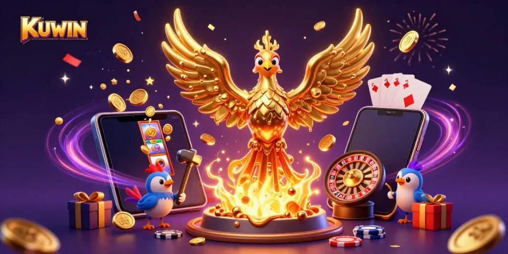 Experience the thrill of KUWIN with a golden phoenix and casino games in a vibrant 3D scene.