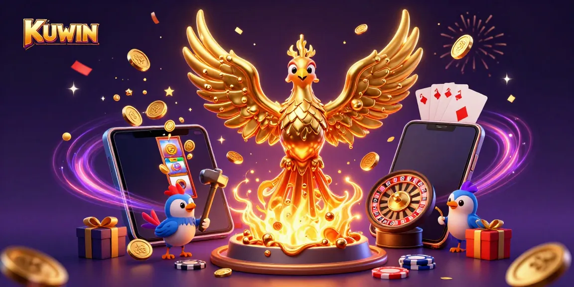 Experience the thrill of KUWIN with a golden phoenix and casino games in a vibrant 3D scene.