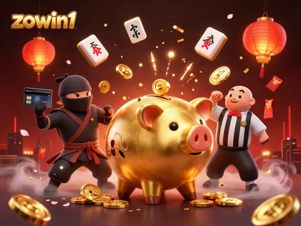 Experience vibrant gaming action with zowin1, featuring a golden piggy bank sumo wrestler amidst a rich casino scene.