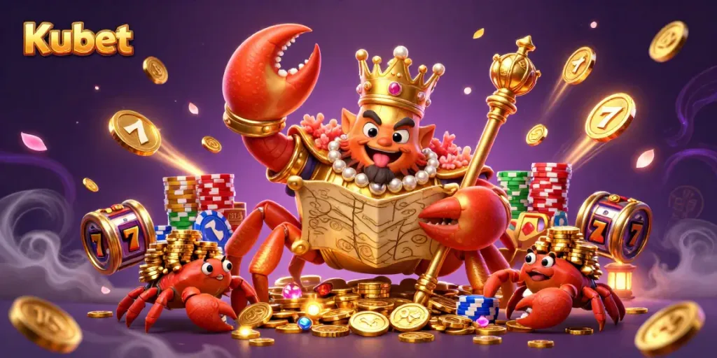 Kubet's massive golden crab emperor commands a lively casino scene with slot machine reels, gold coins, and vibrant poker chips.