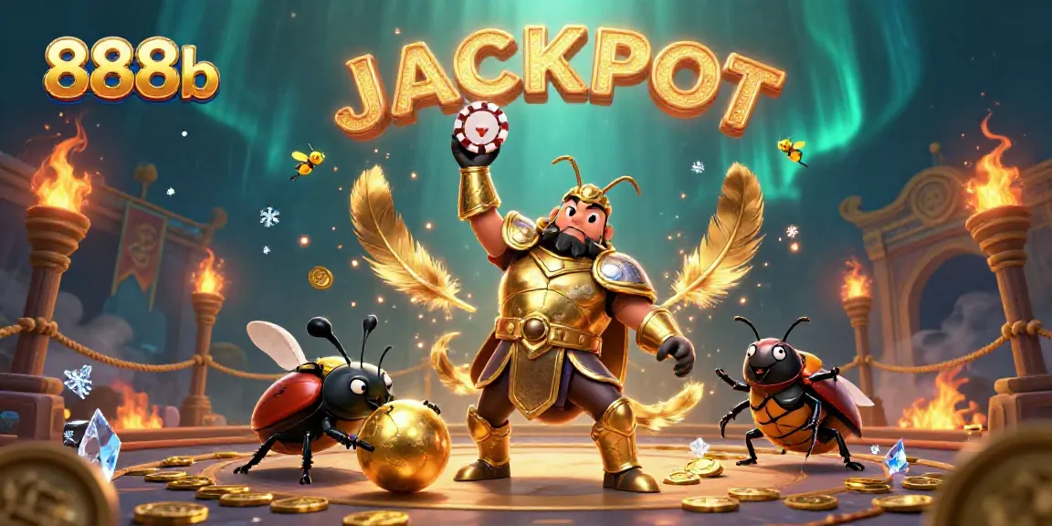Experience the excitement at 888b with a beetle in gladiator armor celebrating a big win.