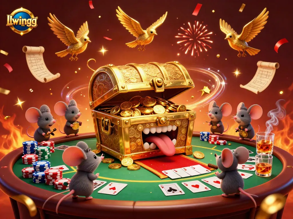 Experience the excitement of llwingg as adventurer mice are lured by a golden treasure chest in a vibrant casino scene.