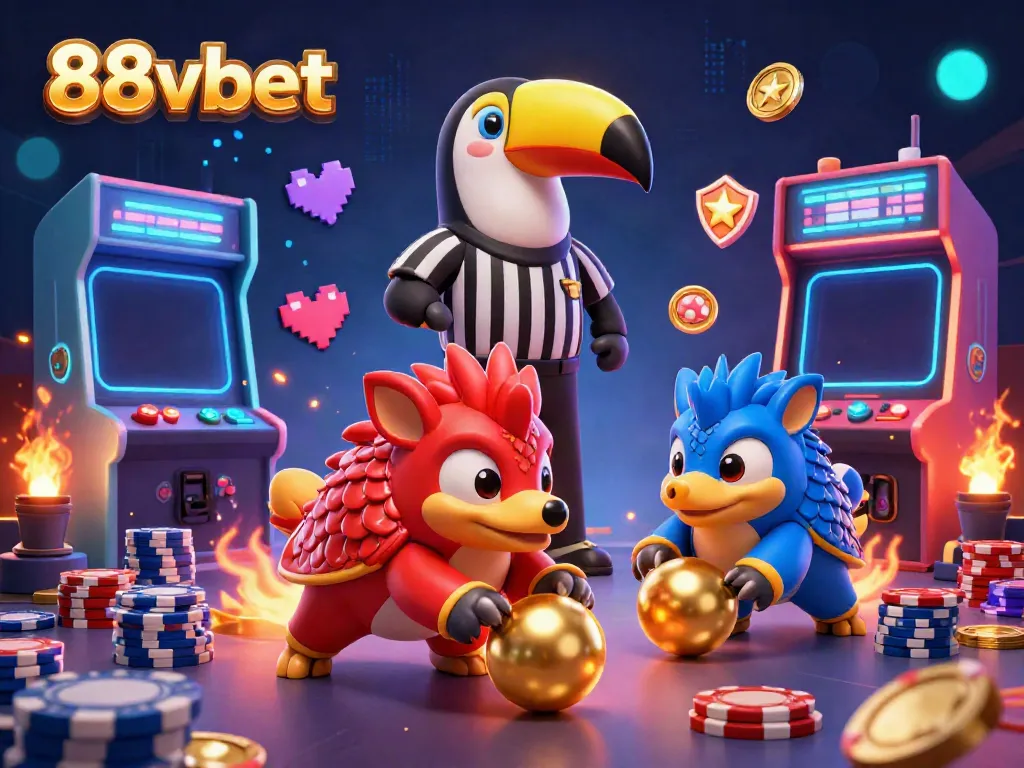 88vbet showcases thrilling gameplay with rival pangolins bowling through poker chips in a vibrant 3D casino scene.