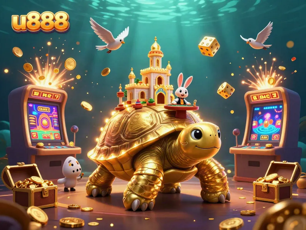 Experience thrilling wins at u888 with a 3D scene of a golden tortoise casino, jackpot slot machines, and playful motifs.