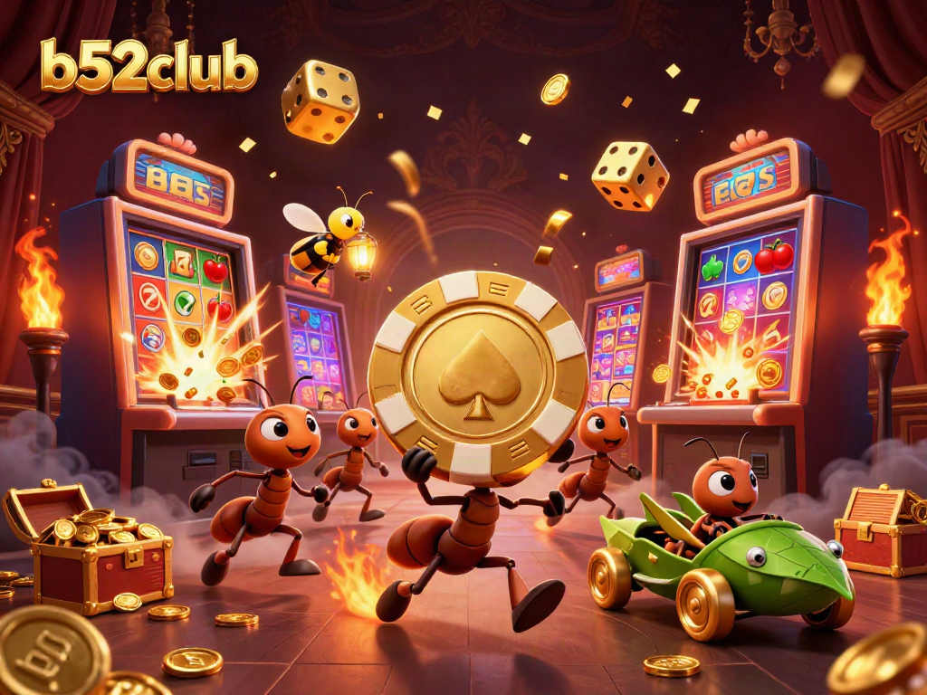 Experience a thrilling b52club heist with ants stealing a giant poker chip surrounded by casino excitement.