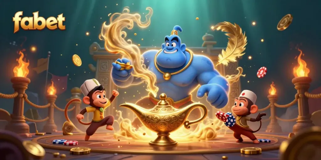 Unlock exciting wins at fabet with this vibrant 3D casino-themed illustration featuring a genie and poker chips.