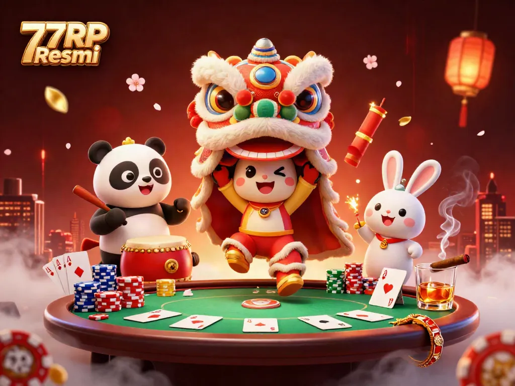 Engage with the exciting world of 77RP Resmi, featuring vibrant casino elements and lively characters.