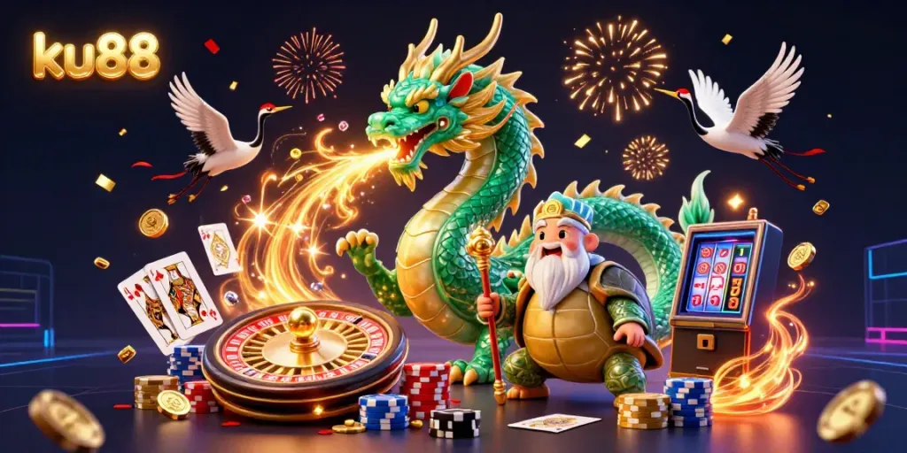 Bet on your luck with ku88 as colorful casino elements bring excitement to life in this dynamic scene.