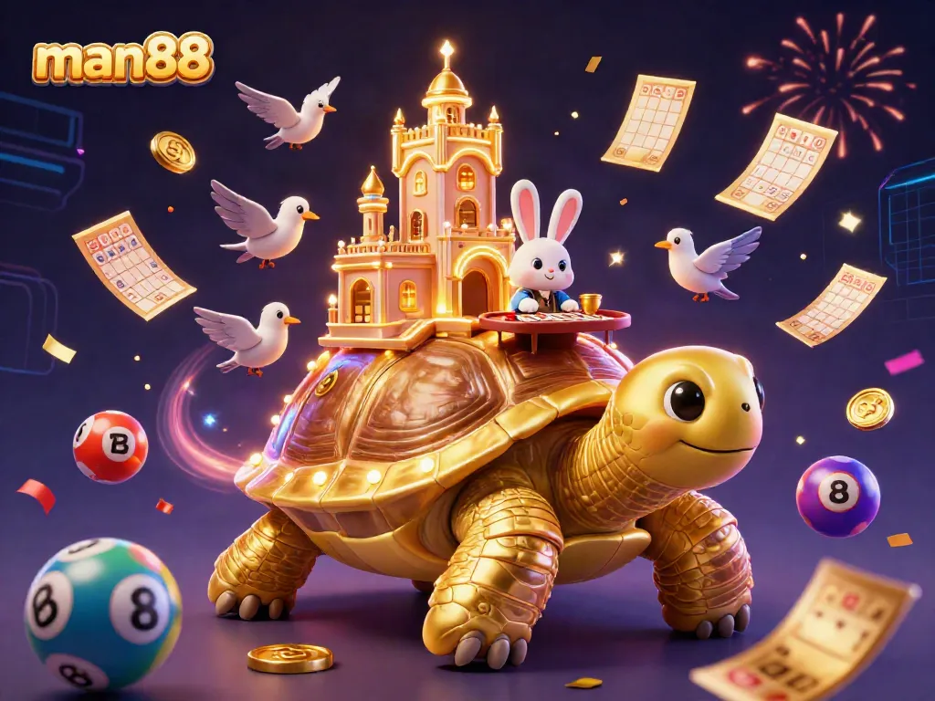 Enjoy thrilling lottery excitement at man88, featuring a golden tortoise casino with celebratory elements.