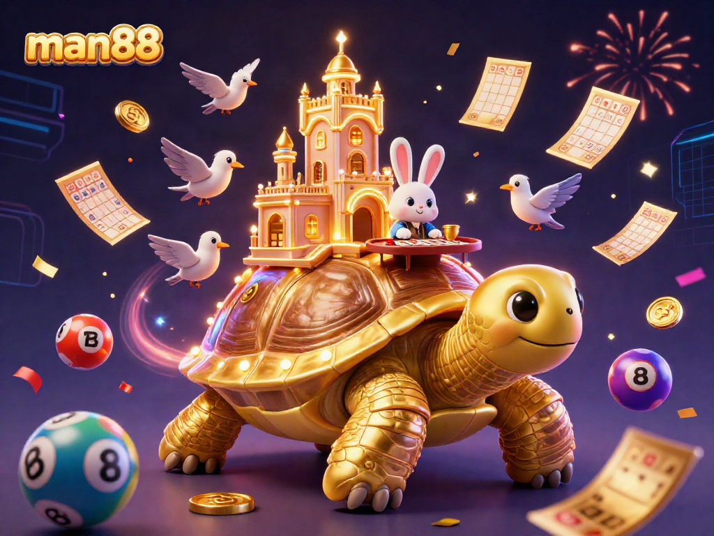 Enjoy thrilling lottery excitement at man88, featuring a golden tortoise casino with celebratory elements.
