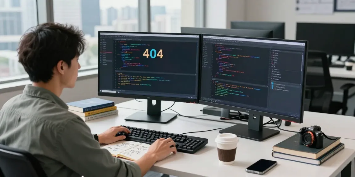 Software engineer troubleshooting a pecah 404 error in a modern office setting, with coding books and dual monitors displaying debugging analytics.