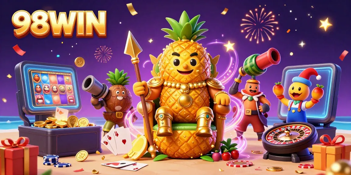 Experience thrilling gameplay with 98WIN in a vibrant casino scene featuring animated characters, games, and celebratory effects.