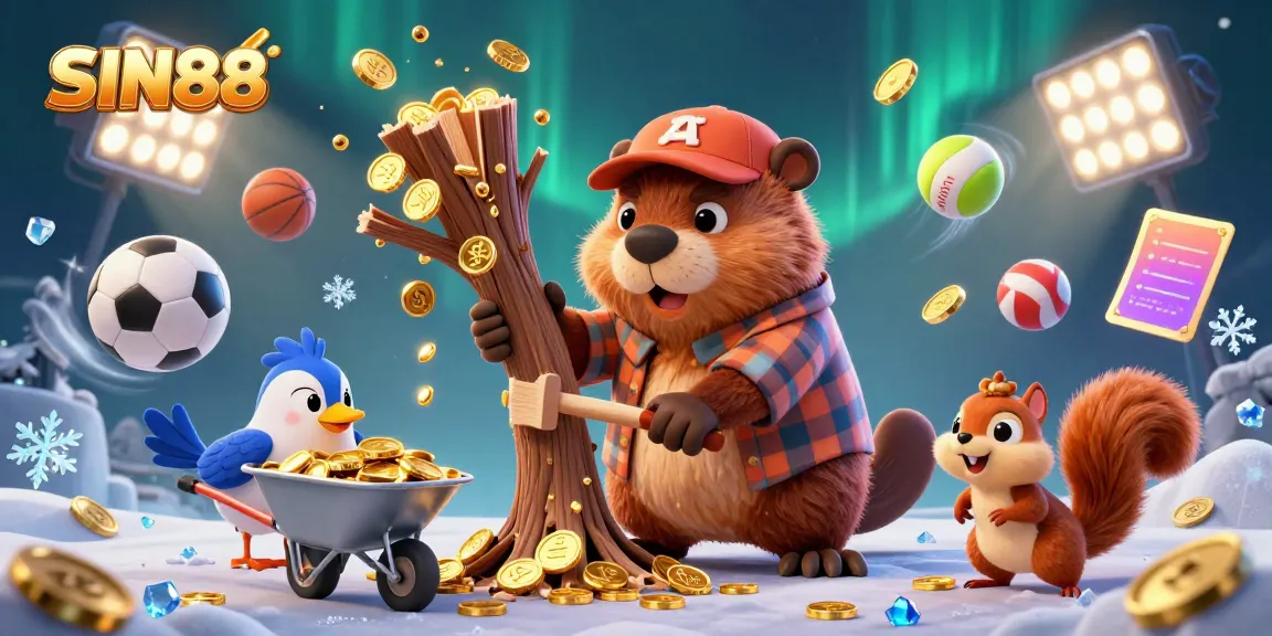 SIN88 features exciting cartoon characters in a vibrant, dynamic casino scene filled with sports elements and gold coins.