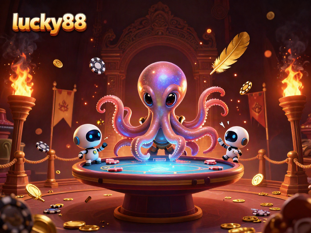 Experience vibrant gaming excitement at lucky88 with an alien octopus, poker action and cosmic flair.