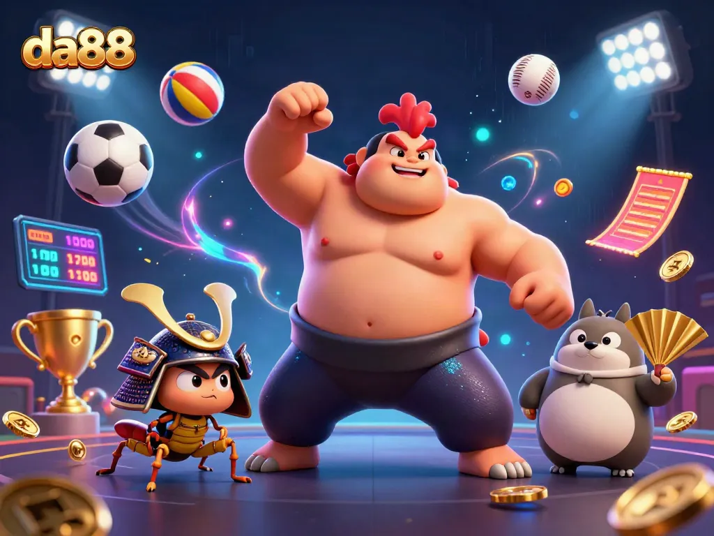 Join da88 excitement with a powerful sumo wrestler rooster and sports elements in a dynamic 3D scene.