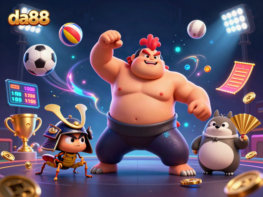 Join da88 excitement with a powerful sumo wrestler rooster and sports elements in a dynamic 3D scene.