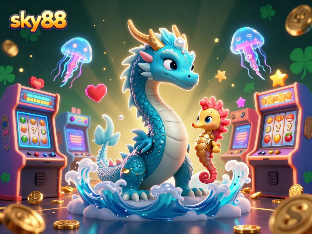 Engage in thrilling wins at sky88 with vibrant scenes featuring a majestic azure water dragon and exciting slot machines.