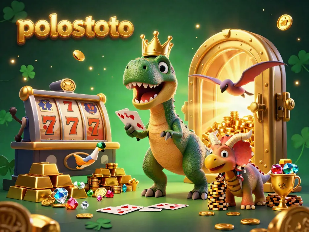 Engage with the exciting polostoto gaming experience, featuring a friendly dinosaur duo shuffling cards amidst a treasure of gems and gold.