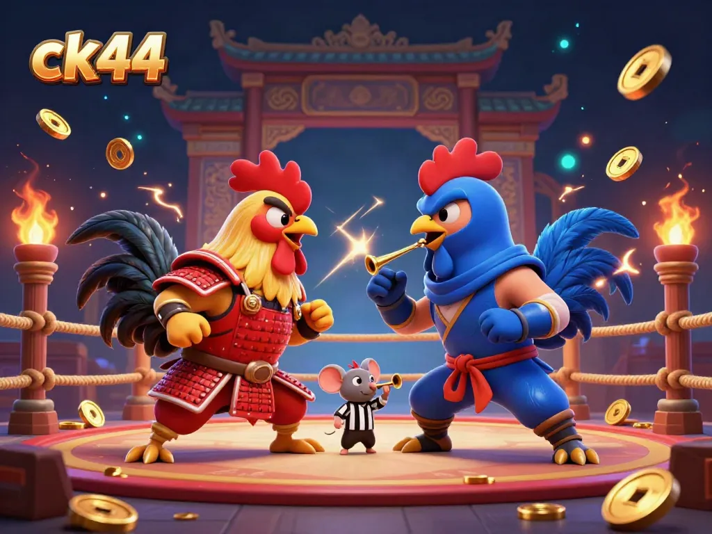 Experience the thrill of ck44 with animated rooster fighters and a vibrant casino arena.