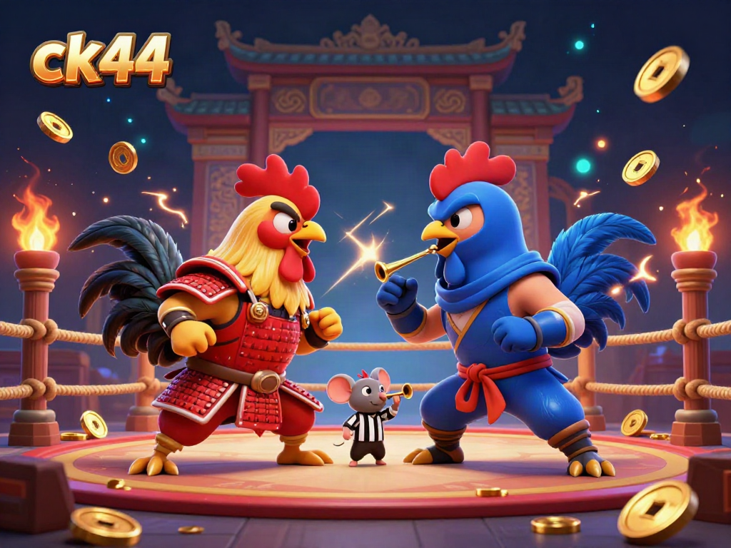 Experience the thrill of ck44 with animated rooster fighters and a vibrant casino arena.