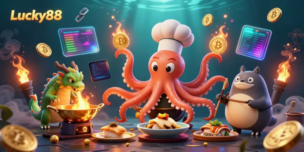 Experience Lucky88's vibrant casino world with an energetic sushi chef octopus, dragon, and tanuki.