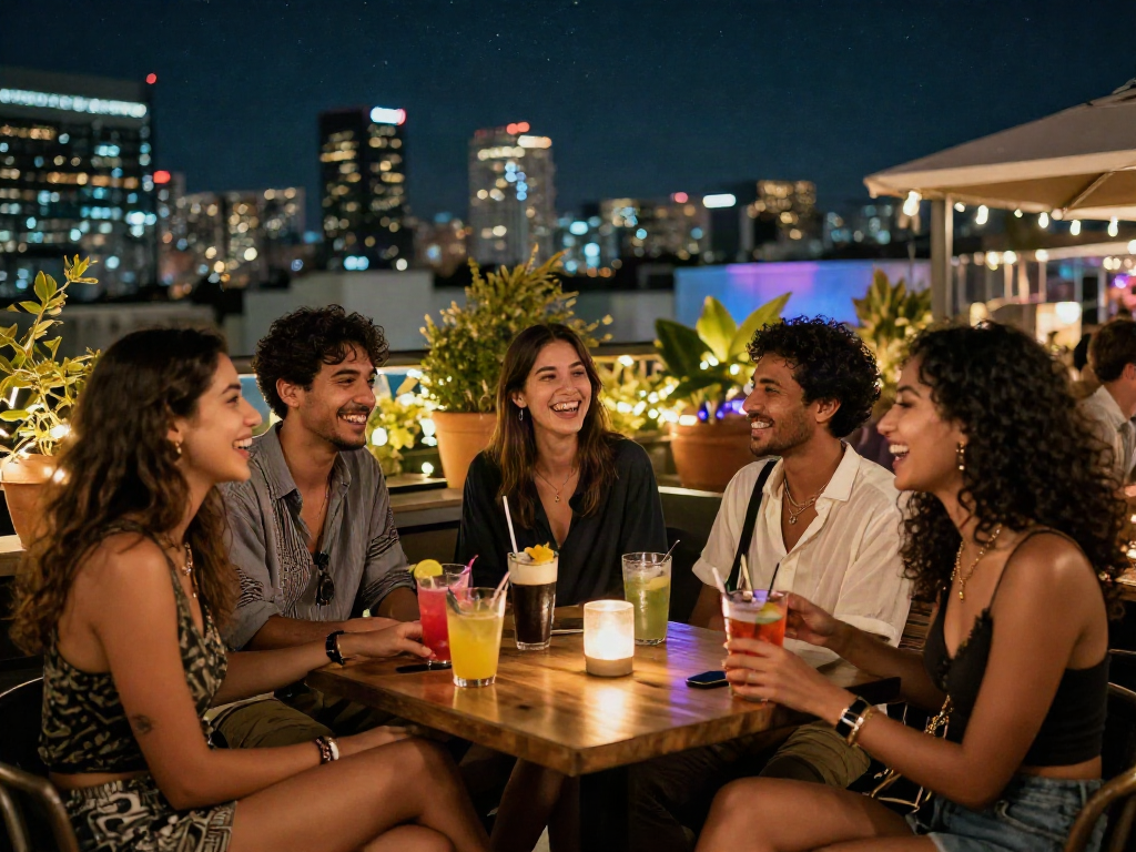 Group of friends enjoying ai 18+ nightlife at a rooftop bar with city skyline
