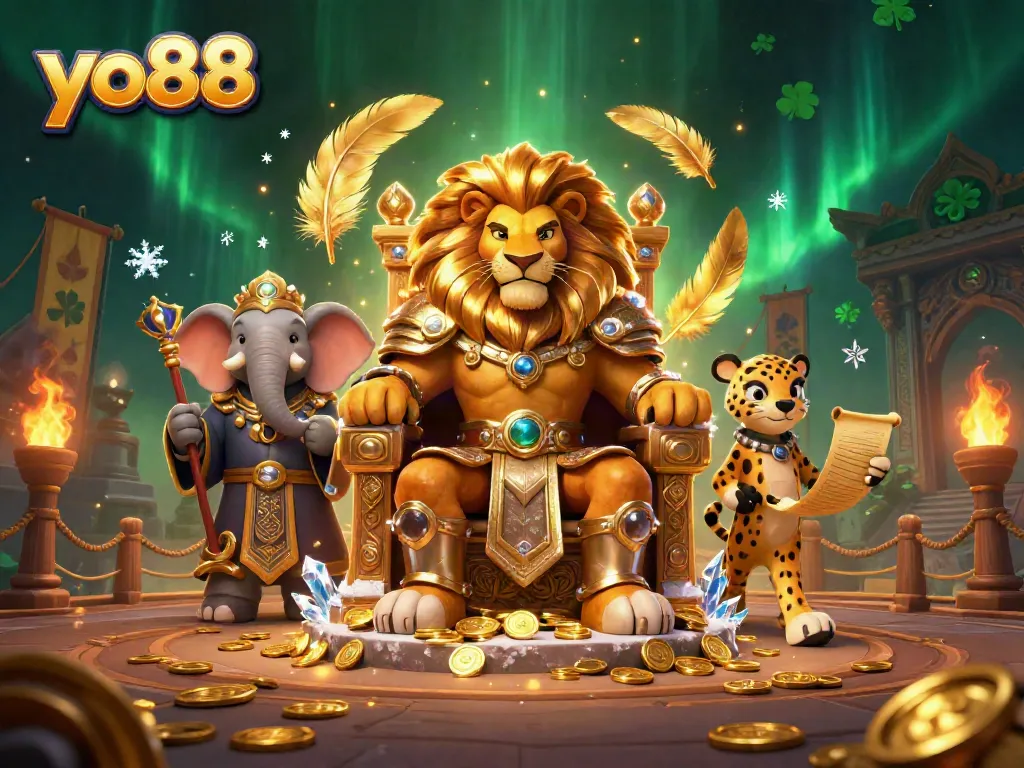 Experience thrilling games at yo88 with an exhilarating 3D illustration of a lion king and characters surrounded by vibrant casino elements.