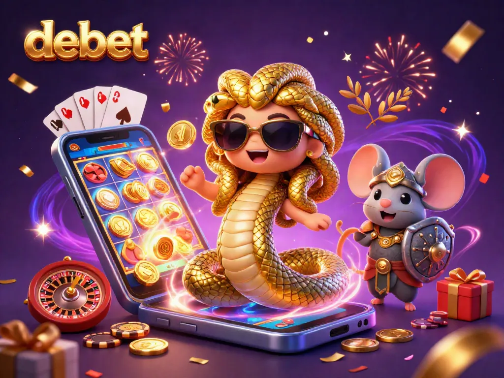 Engaging scene showcasing debet with Medusa, warrior mouse, slot game elements, and casino vibes.