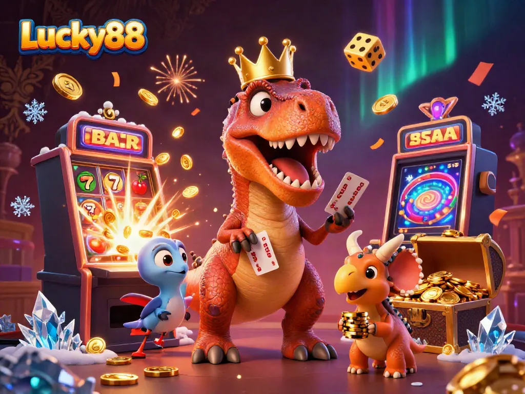 Experience exciting gameplay at Lucky88 with a T-Rex and friends amidst bursting slot machines and vibrant casino features.