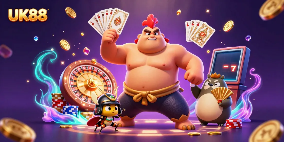 Experience the thrill of UK88 with a dynamic scene of a sumo wrestler rooster and samurai cricket surrounded by casino games.