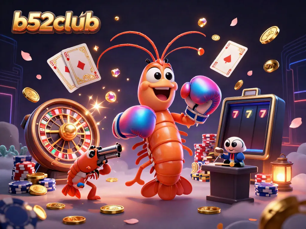 Experience exciting wins with b52clubb's dynamic casino illustration featuring vibrant games and energetic characters.