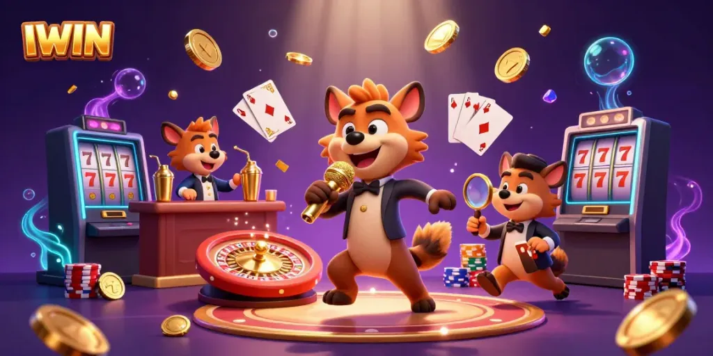 IWIN hyena-themed casino illustration featuring vibrant characters in a lively gambling environment.