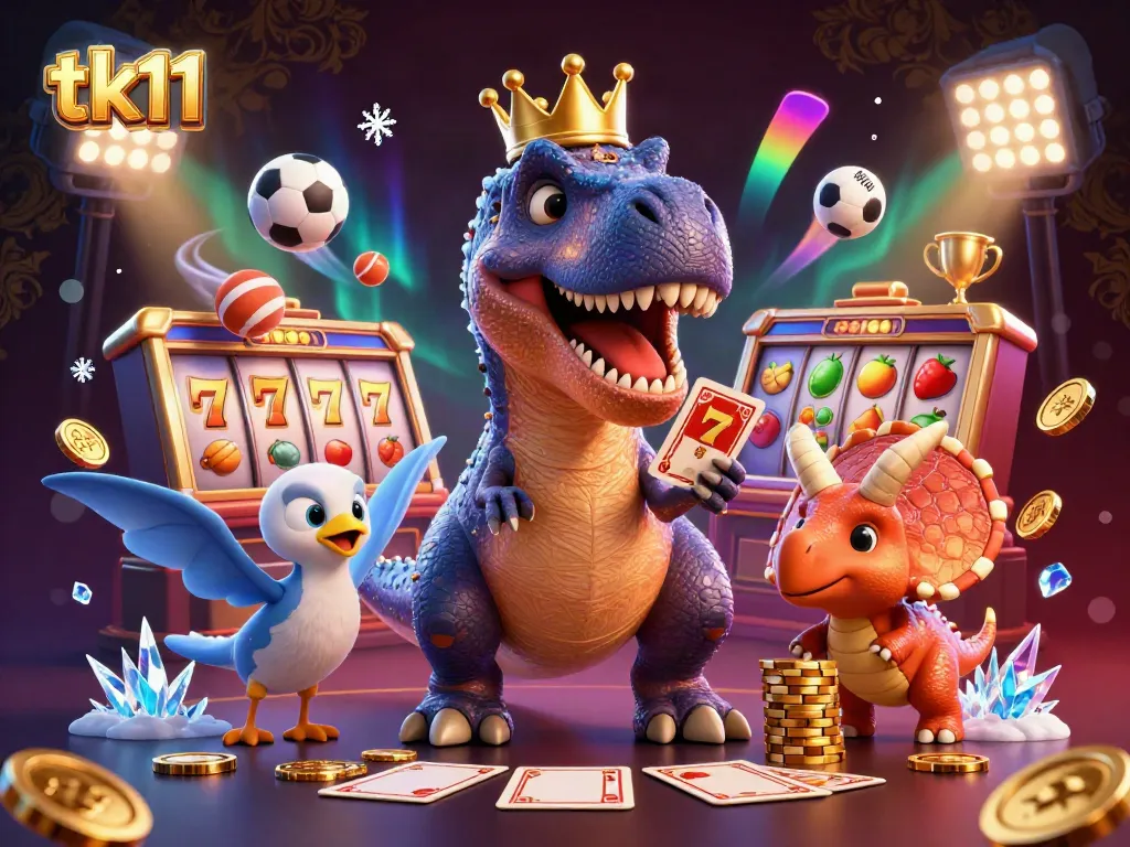 A 3D casino-themed illustration showcasing tk11 characters like a T-Rex and baby triceratops in a rich, dynamic scene filled with slot elements and vibrant effects.