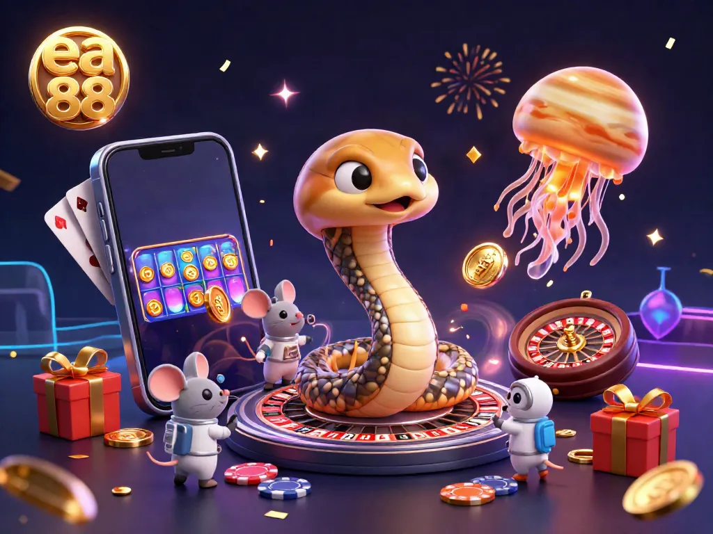 Engage with ea 88's vibrant cosmic casino scene featuring characters betting on a roulette ring.