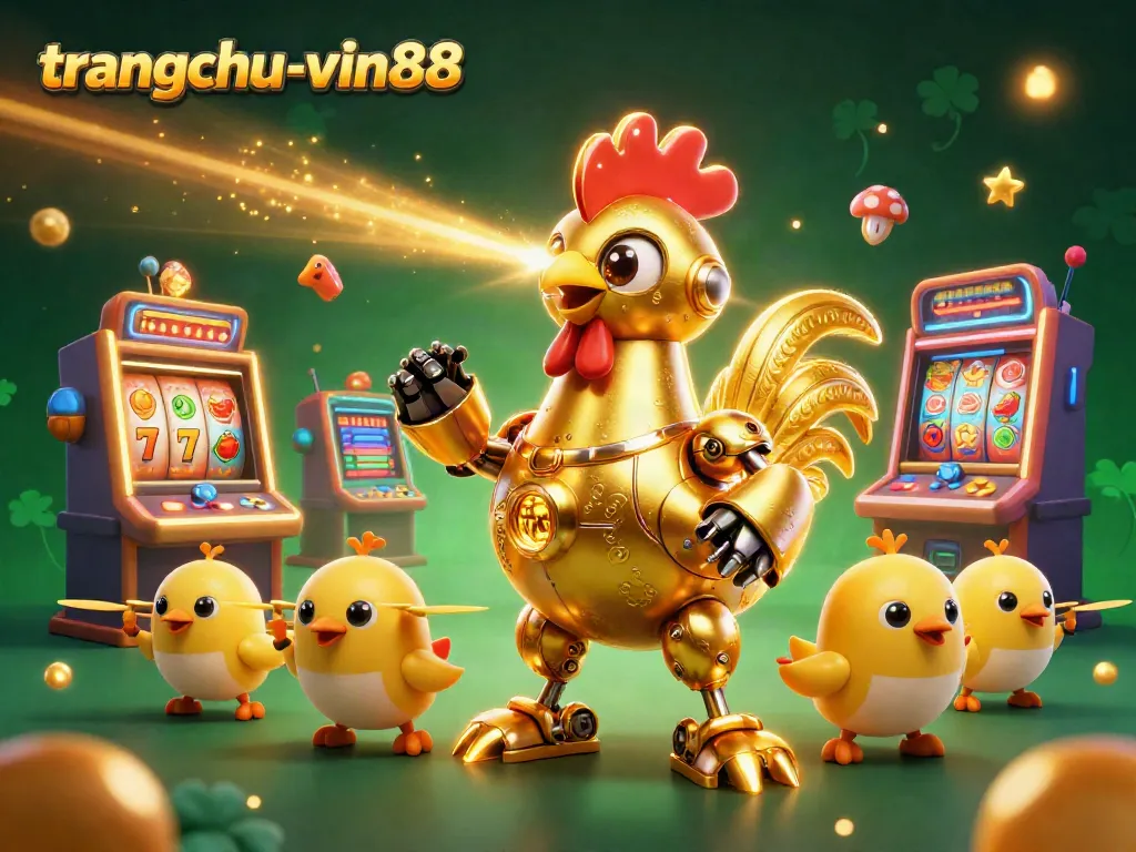 Experience the excitement of slots at trangchu-vin88, featuring a golden rooster robot and baby chick drones.