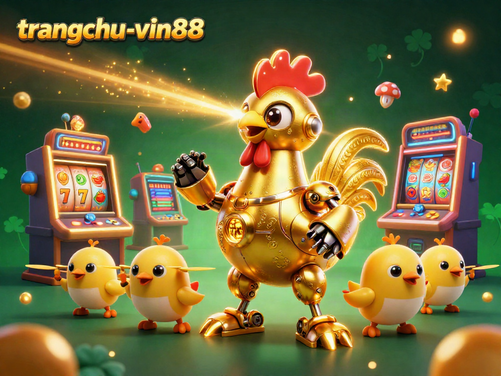 Experience the excitement of slots at trangchu-vin88, featuring a golden rooster robot and baby chick drones.