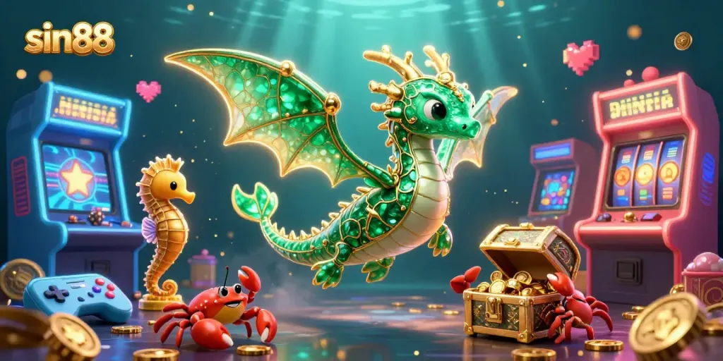 Win jackpots and discover sin88's vibrant casino experience with an emerald sea dragon and arcade elements.