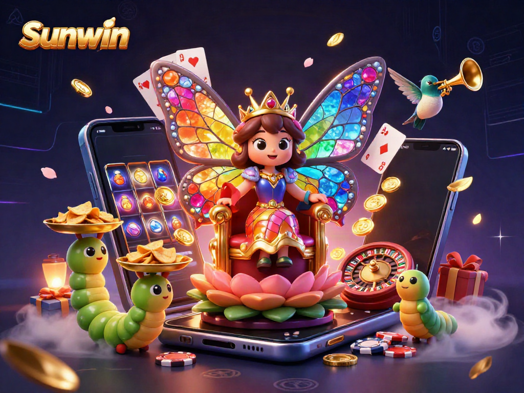 Sunwin offers a vibrant gaming scene with a butterfly queen, poker chips, and dynamic slot games.
