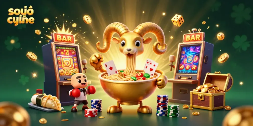Engage in soi cầu online with a vibrant 3D casino scene showcasing a golden ramen bowl dealing poker cards.