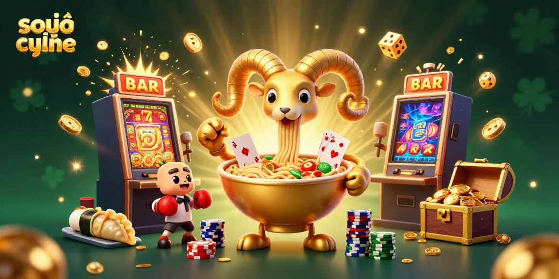 Engage in soi cầu online with a vibrant 3D casino scene showcasing a golden ramen bowl dealing poker cards.