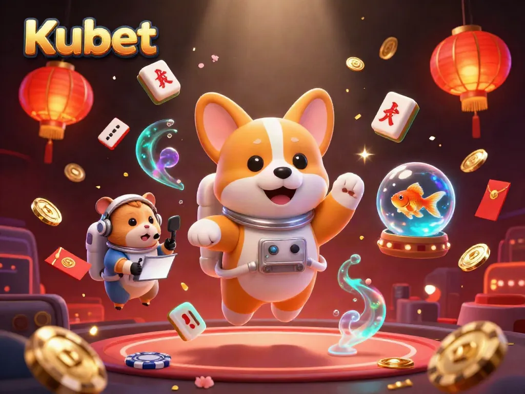 Kubet casino scene with a floating corgi, hamster, and goldfish amid poker chips and slots, showcasing immersive play.