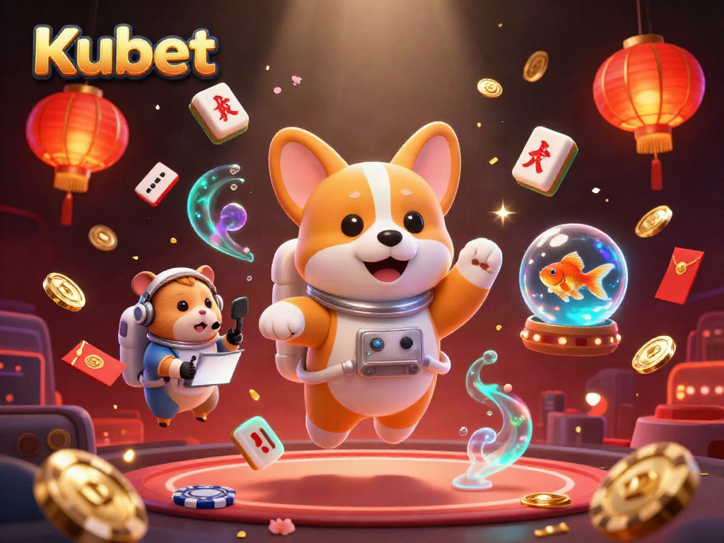 Kubet casino scene with a floating corgi, hamster, and goldfish amid poker chips and slots, showcasing immersive play.