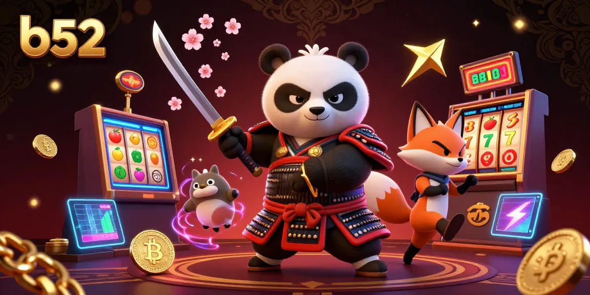 Experience thrilling gameplay at B52 with a dynamic casino scene featuring a samurai panda, ninja fox, and magical tanuki.