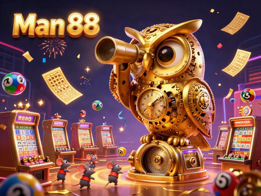 Experience the thrill of gaming with Man 88's captivating casinos, featuring a golden owl and energetic lottery action.