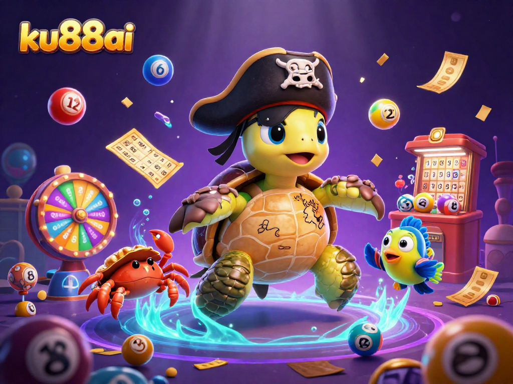 Join ku88ai's exciting lottery adventure with a dynamic underwater scene featuring colorful balls and friends.