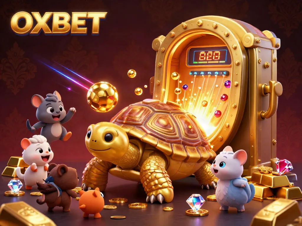 Experience exciting gameplay at OXBET with a vibrant casino scene featuring a golden tortoise pinball machine amid treasures.